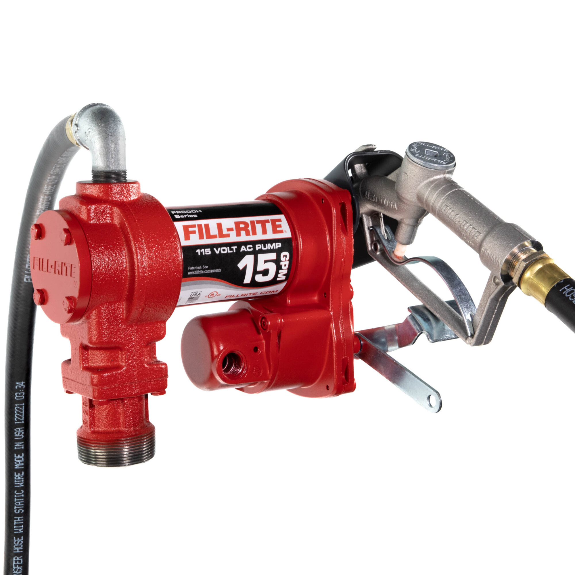 Fill-Rite Fuel Transfer Pump Kit, 3/4in. x 12ft. Hose, 15 GPM, 115V AC, 3/4in. Manual Nozzle, Model# FR610H